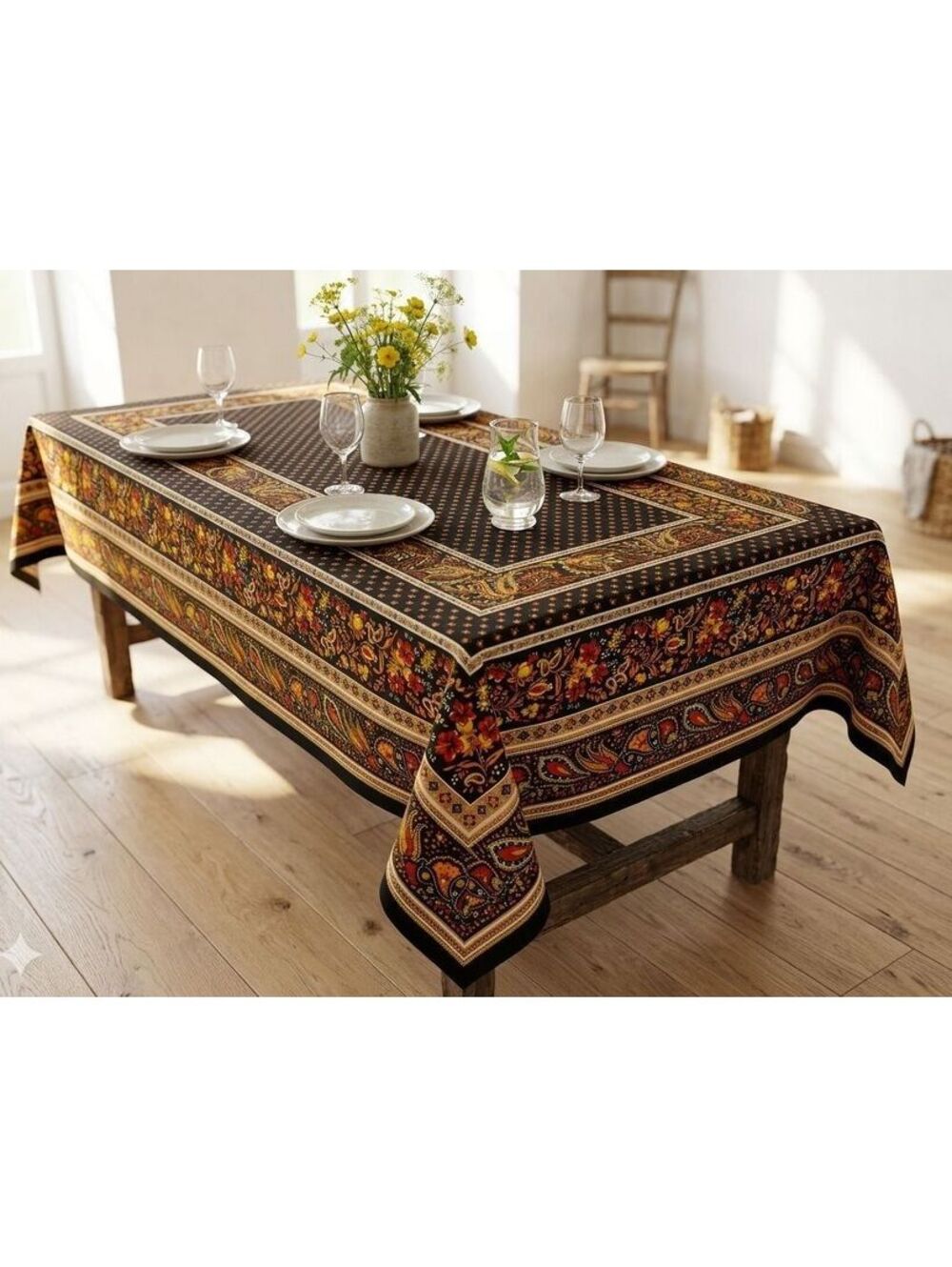 French Orange, Blk, Red & Yellow Floral & Leaf Cotton Tablecloth 95.5" x 57.5"